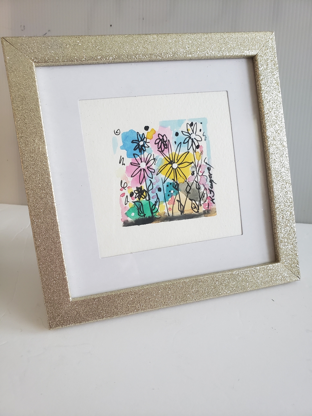 Glitter Gold Square Frame with Colorful Ofiginal Watercolor Floral Art